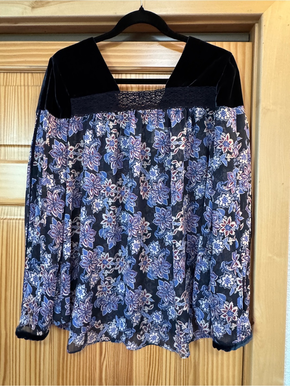 Sundance Silk and Velvet Floral Blouse - Black and Blue
